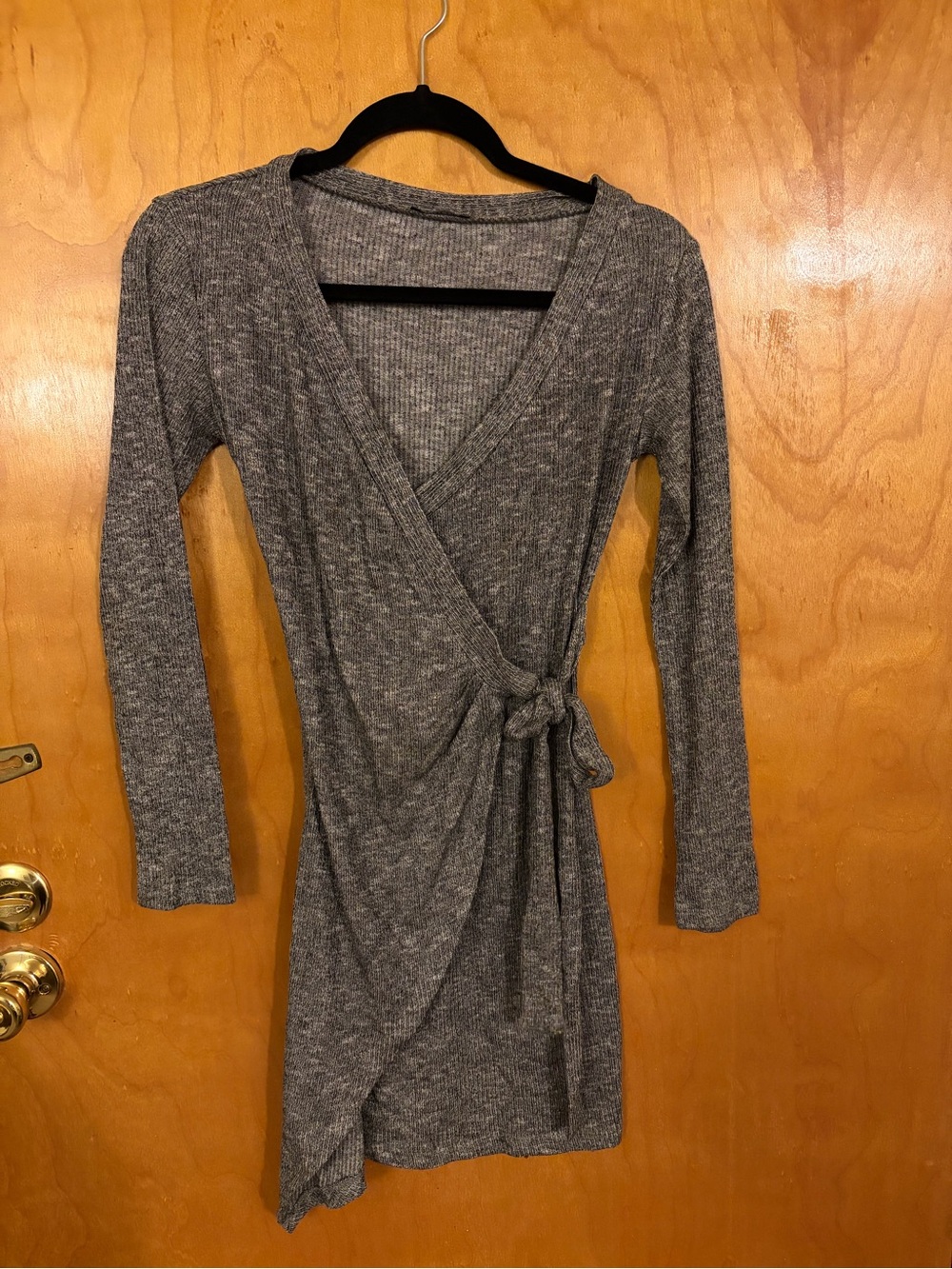 Mind Code Heather Gray Wrap Tie Long-Sleeve Dress